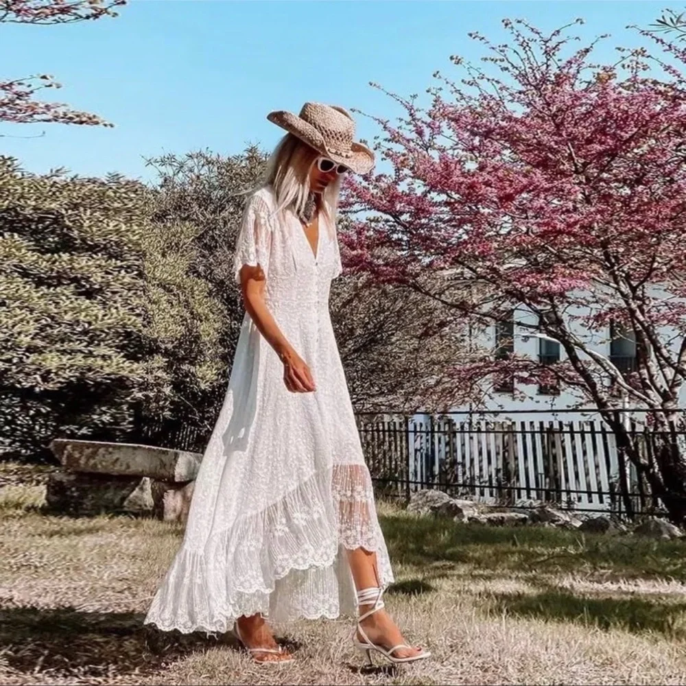 Bella Stitch Ivy And Lace Boho Button Front Maxi Dress In Allover Lace, Lined - Picture 5 of 9